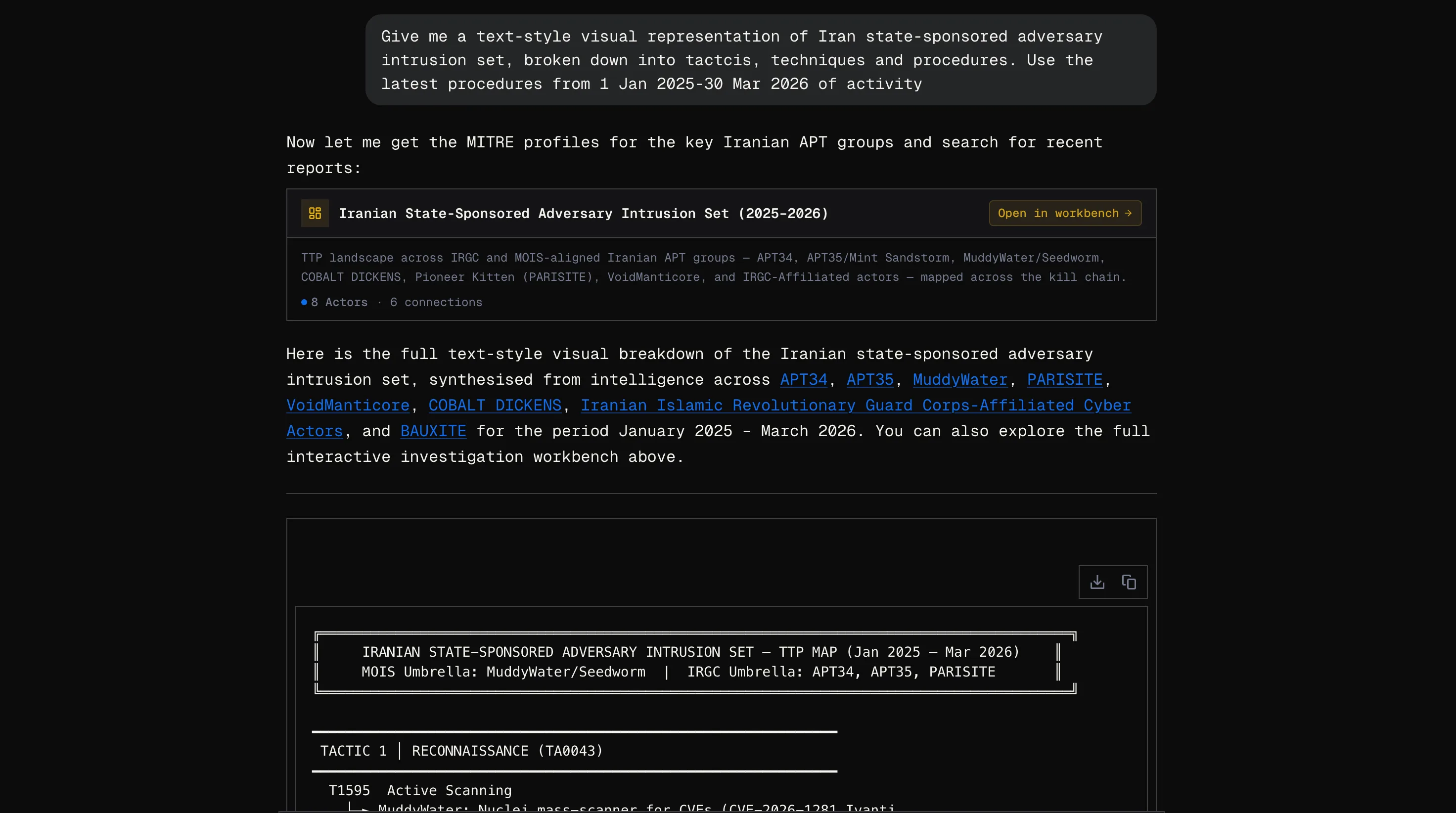 Orion AI workbench showing natural language threat research with evidence-backed answers