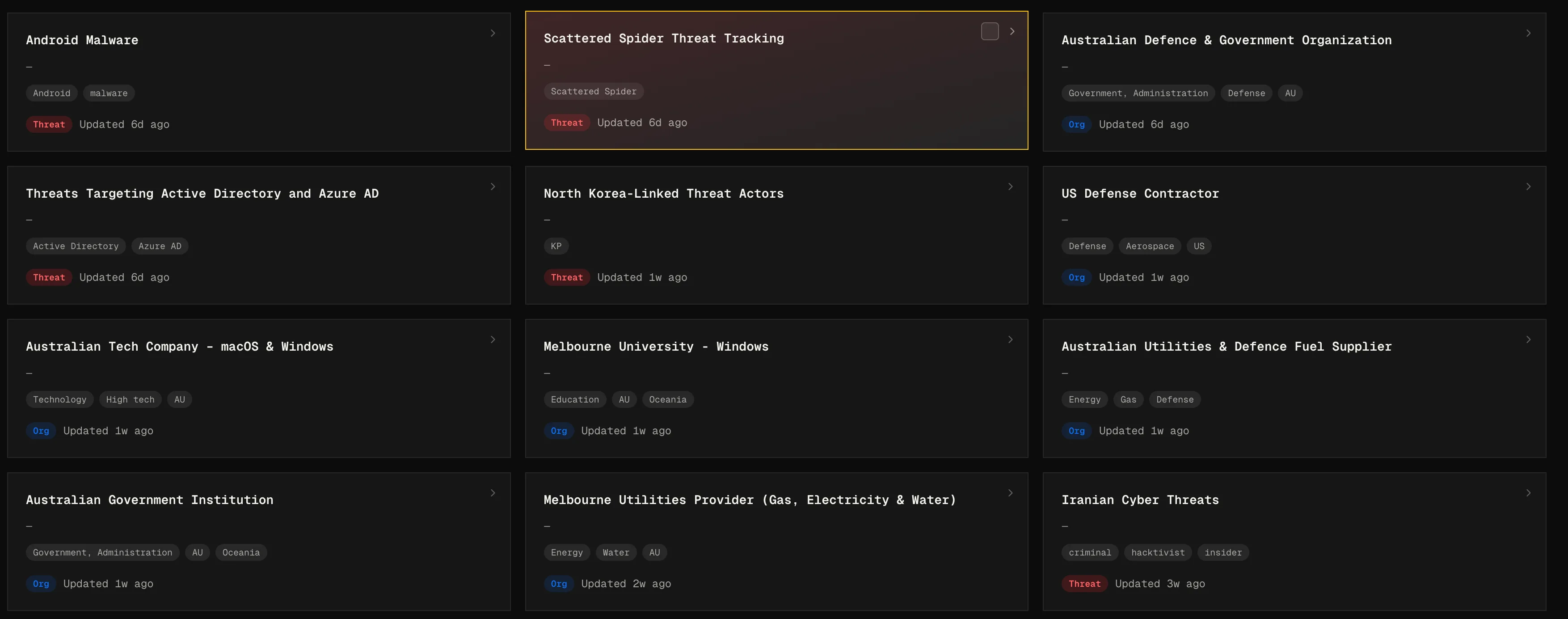 Constellation dashboard managing multiple threat scopes