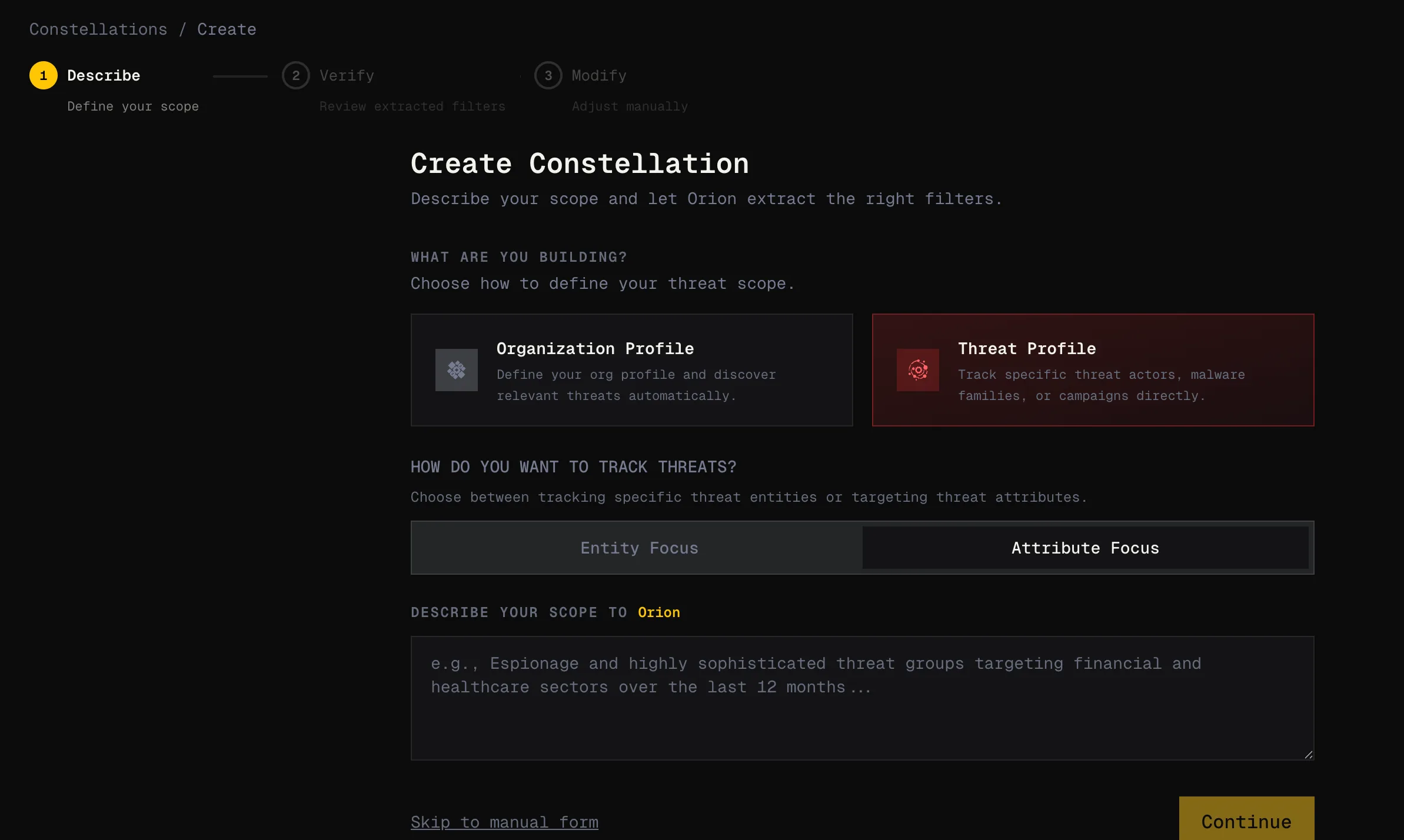 Creating a Constellation scope defining industries regions and technologies