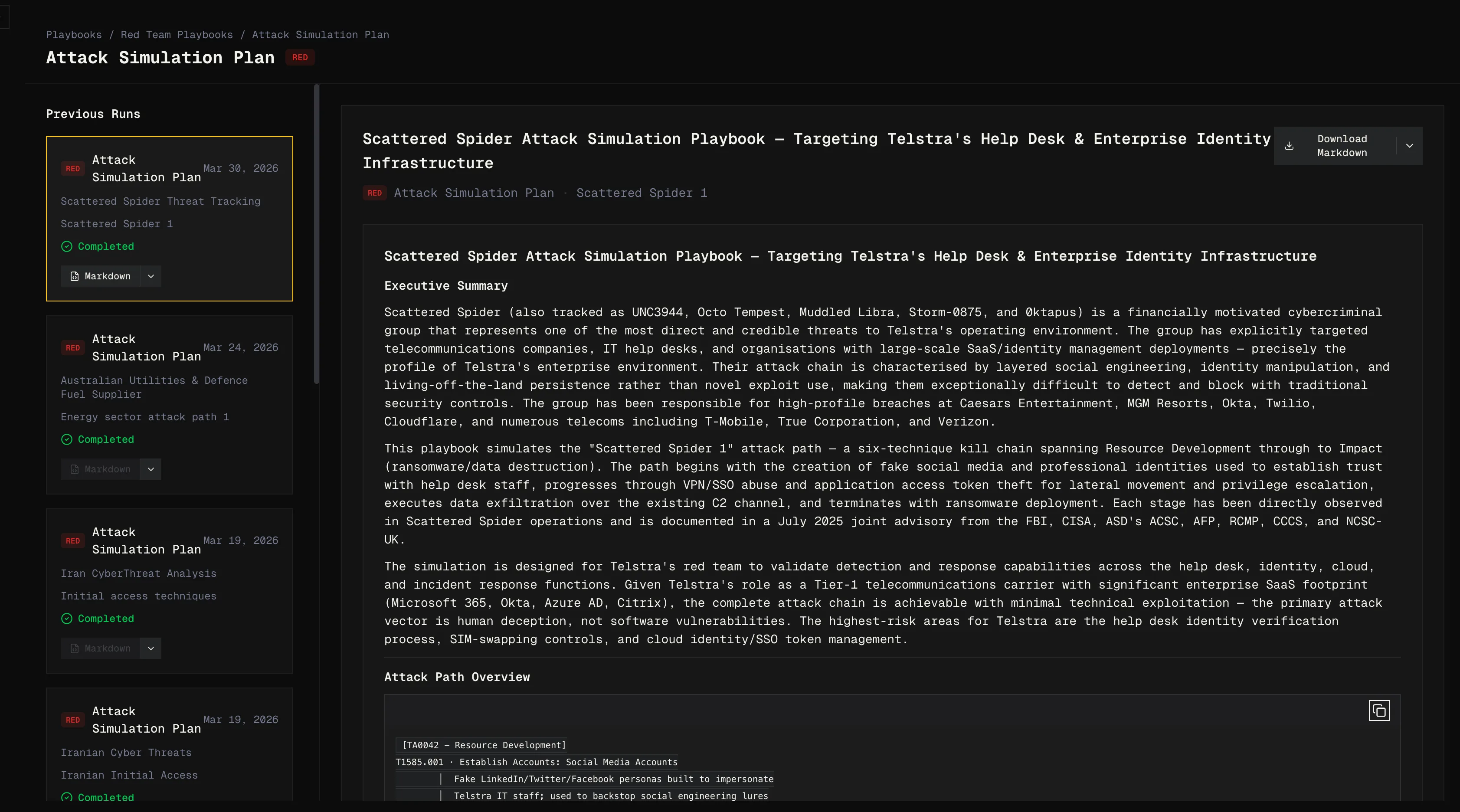 Red team playbook with attack paths mapped to adversary techniques