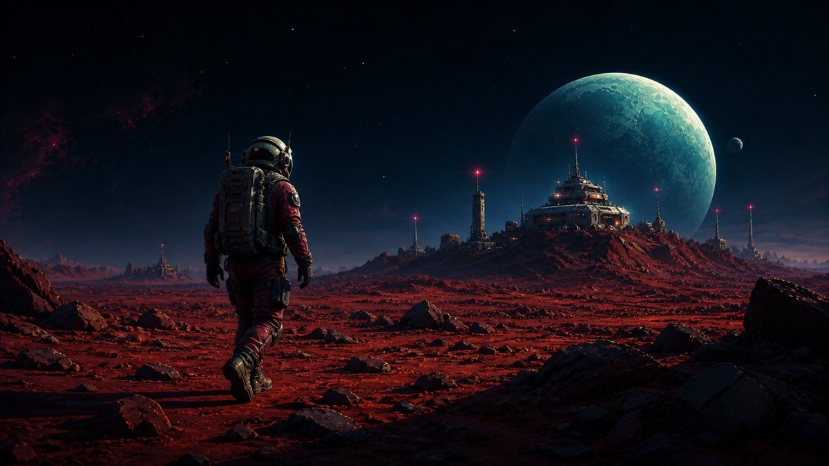 Astronaut crossing a crimson extraterrestrial landscape