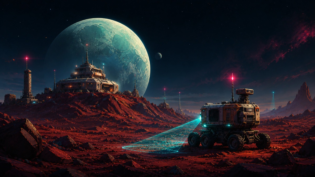 Autonomous rover scanning a crimson extraterrestrial landscape
