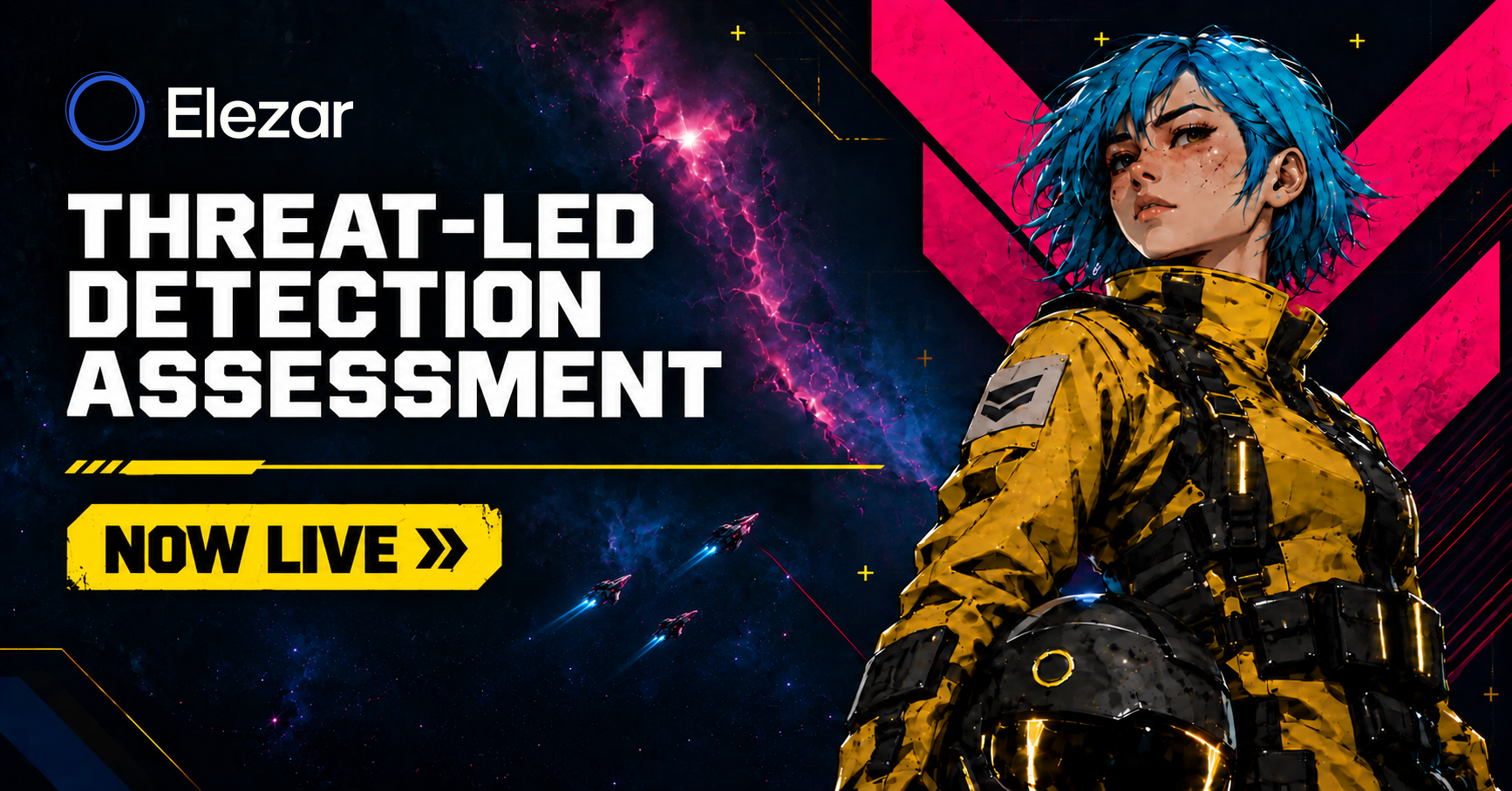 Elezar Threat-led Detection Assessment launch artwork with a pilot and spacecraft flying toward a nebula
