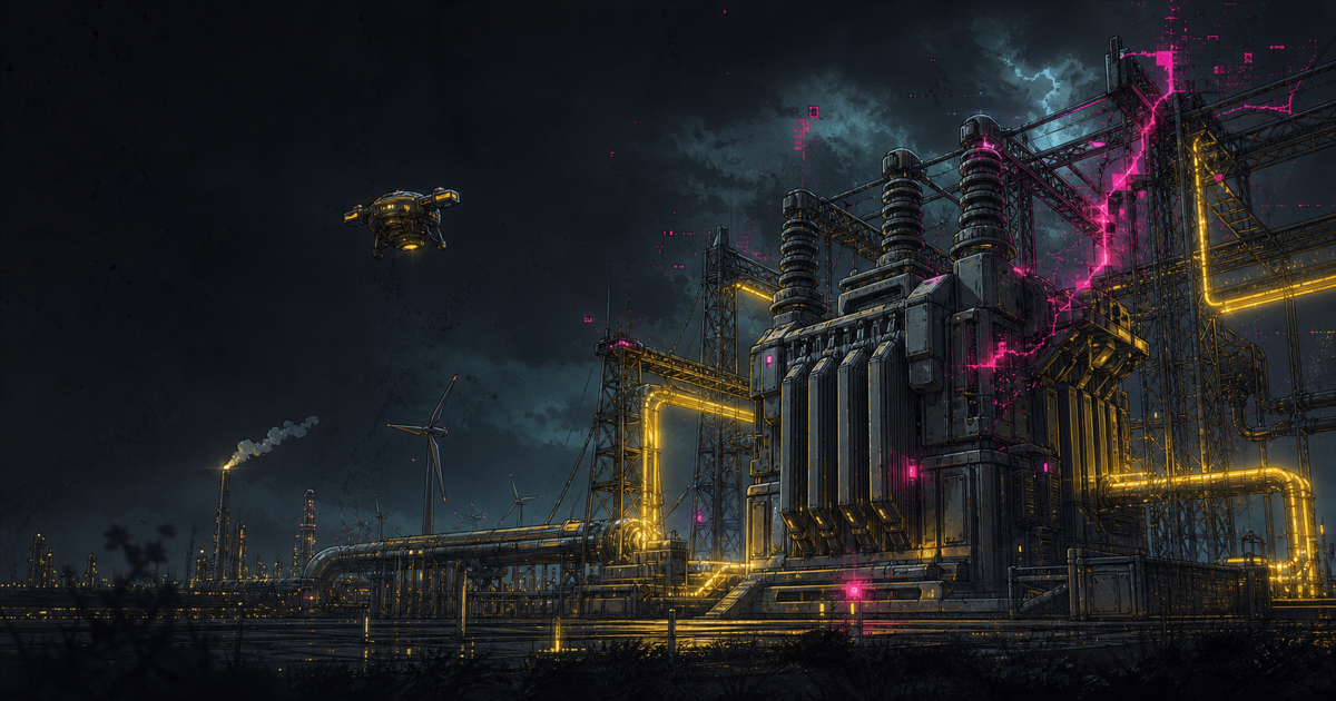 A futuristic energy grid showing a cyber intrusion across critical infrastructure