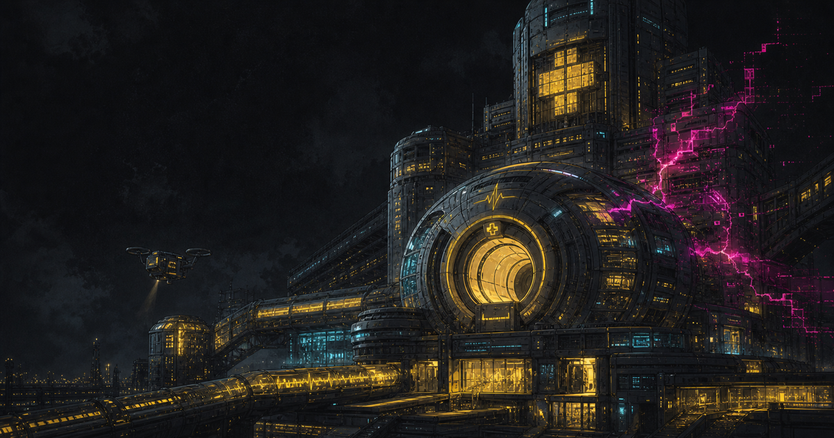 A futuristic hospital complex protecting clinical systems from a cyber intrusion